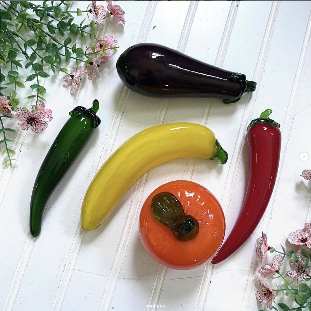 Vintage Murano Style Hand-Blown Glass Fruit Vegetable Orange Banana Pepper Set 5